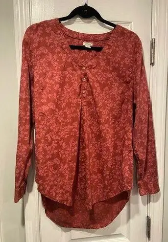 L.L. Bean Size M Pink Floral V Neck Henley Long Sleeve Pullover Cotton Blend Top Size M