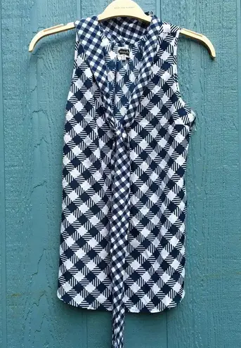Mud Pie Women Bell Sleeveless Blue White Plaid Tunic Tank Top Small