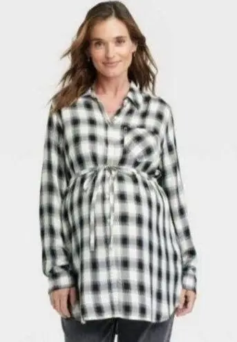 Isabel Maternity Women’s Button Down Plaid Shift Shirt Dress Size Medium Tie NWT