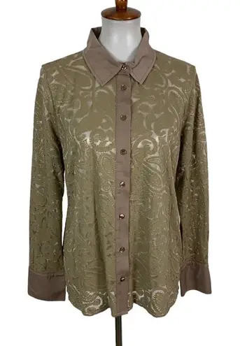 Soft Surroundings  Women’s Button Down Top Large Green Long Sleeve See Through