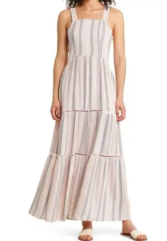 Caslon New  Cabana Stripe Linen Blend Lattice Trim Tiered Maxi Dress Size Medium