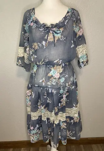 Vintage Dress S Boho Babydoll Cottage Romantic Prairie Floral Tiered Midi Sheer Blue