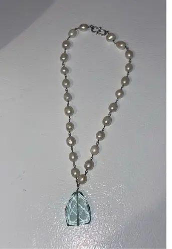 Fresh Water Pearl & Aqua Tear Drop Crystal Statement Necklace Glamorous Jewelry Silver