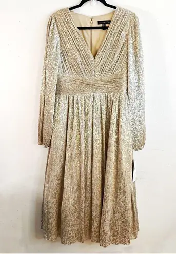 Aidan Mattox Dress Gold V-Neck Long Blouson Sleeve Tea Length A-Line Sz 12 NWT