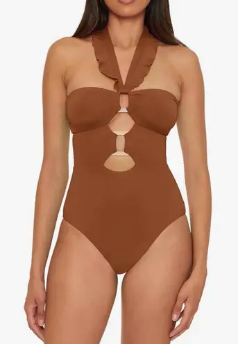 Soluna Swim Standard Buckle Up One Piece Bandeau Swimsuit Large Bronze Brown