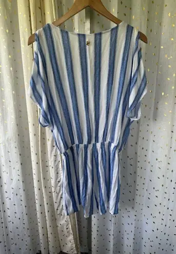 Hawaiian Tropic Stripe Faux Wrap Shoulder Cutouts Swim Cover Up Romper L