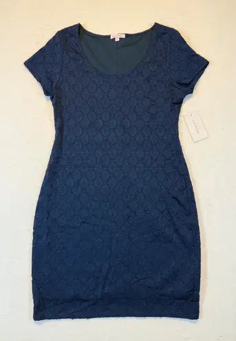 Isaac Mizrahi Navy Blue Lace Short Sleeve Sheath Dress Size L