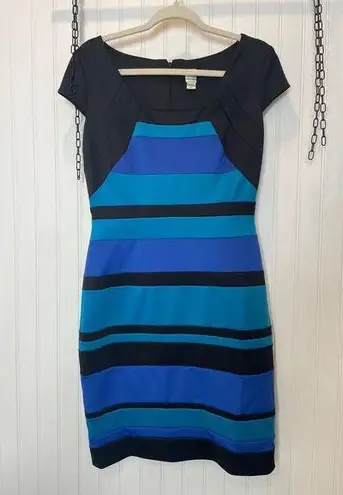 Sangria Blue & Black Stripe Mini Bodycon Dress Cap Sleeve Career Office Size 8