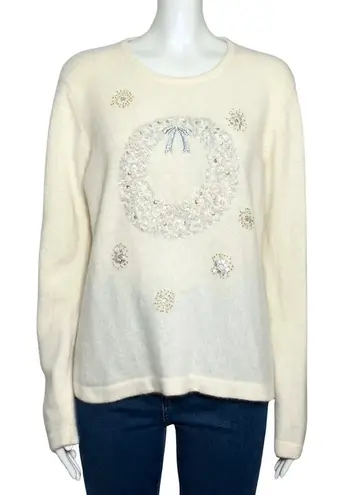 Vintage Y2K Christmas Beaded Cream Lambswool Angora Sweater Wreath Wool Medium White