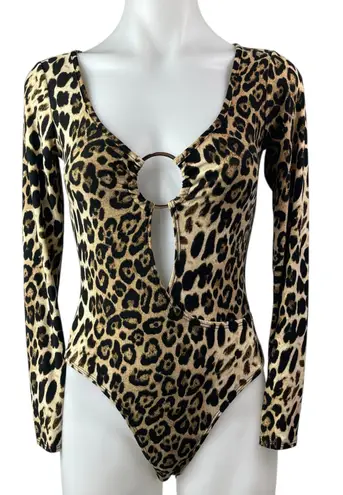 Day & Night Beige Black Leopard Long Sleeve Ring Plunge Bodysuit Top Size S - Image 1