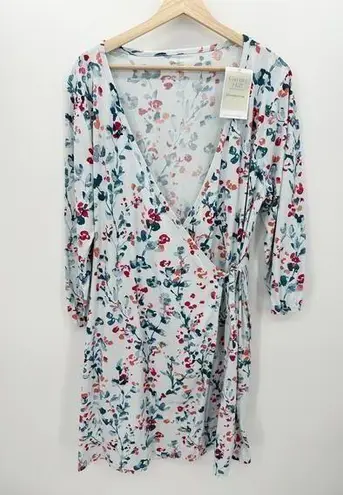 Garnet Hill Green Cotton by Blue Floral Wrap Front Dress Knee Length XL NWT