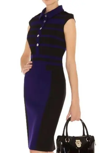 Karen Millen NWT Black and Blue Striped Midi Shirt Dress Short Sleeve Bodycon 8