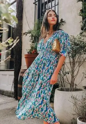 Ganni Floral Print Smocked Plisse Georgette Midi Dress Size Medium