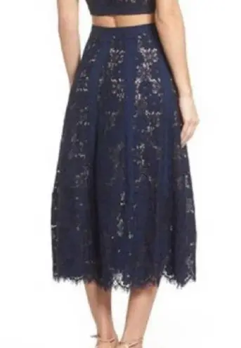 Foxiedox NAVY BLUE LACE BEIGE LINED LONG SIDE ZIP SKIRT MEDIUM