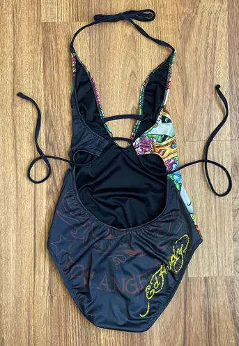 Ed Hardy Vintage Y2K Rare Black Dragon Cross Rhinestone Edgy One Piece Swimsuit