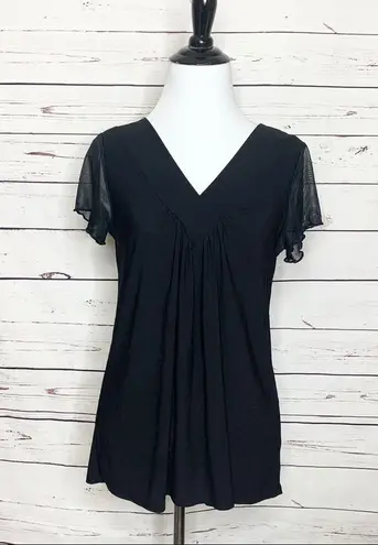 Ava James  Solid Black V Neck Sheer Sleeve Blouse Top Size Medium