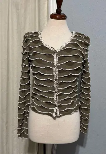 Coconut Style Women Vintage Olive Green Scalloped Ruffle Cardigan Sweater Size M Size M