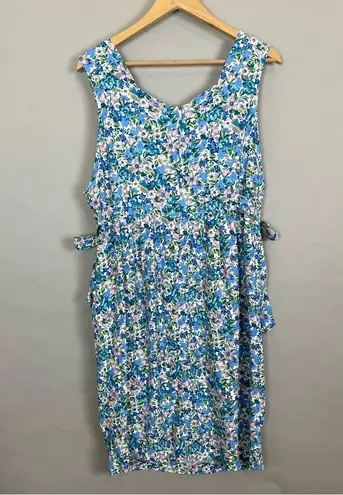 Vintage‎ Liberty Dress Apron Style Faux Wrap Side Ties Square Neck Blue Floral Size M