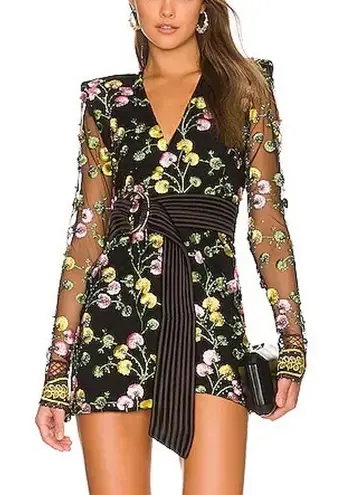 Zhivago In The Garden Floral Mesh Wrap Mini Dress black pink yellow size US 2