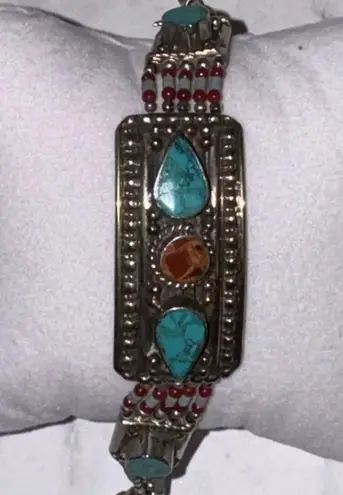 Vintage Native American Silver Hand Made Turquoise Coral Beaded Bracelet RARE Blue