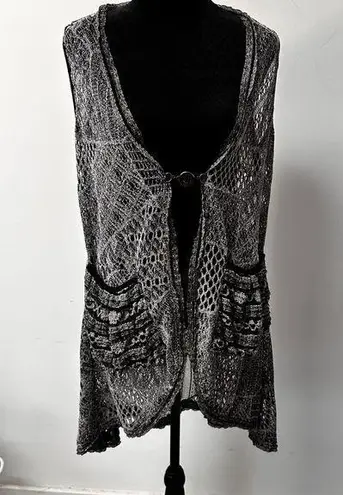 Lily by Firmiana Eyelet Lace Long Vest Two Pockets One closure Front Cardigan Black Size L