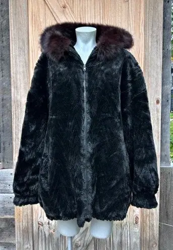 Vintage Gallery Black Oversized Faux Fur Zip Hooded Fox Fur Trim Coat~L~USA