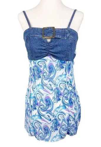 Metro Vintage Y2K Style Stretch Denim Buckle Tank Blue Purple Printed Scarf Top