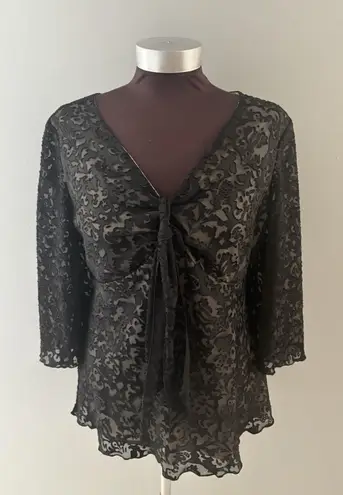 Dressbarn Babydoll Top L Black Lace Y2K Velvet Burnout Whimsigoth Bell Sleeve Size L