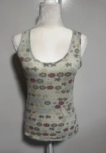 Vintage Women's Ribbed Floral Tank Top Light Blue Yellow Flower Print Size L Tan Size L