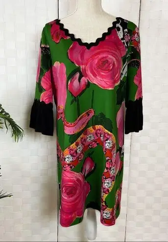 Cavalli Class Green And Pink Snake Jewel Floral Print Mid Sleeve Dress Size 12