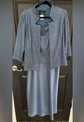 Alex Evenings Sequin Two-Piece Dress W/Jacket Blue Sz 12 Chiffon Midi A-line MOB