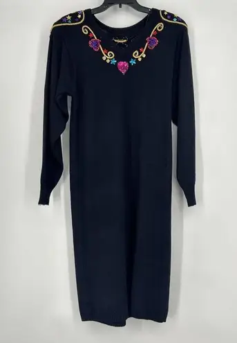 Vintage 80s Plain Jane Black Sweater Dress Embellished Sequins Midi Length M Size M