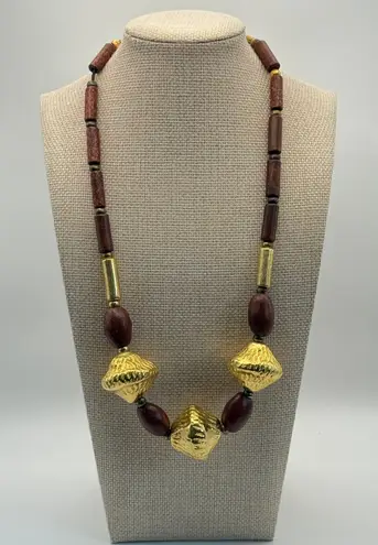 Wood Beaded Necklace Chunky Gold Tone Accent Statement Jewelry Brown