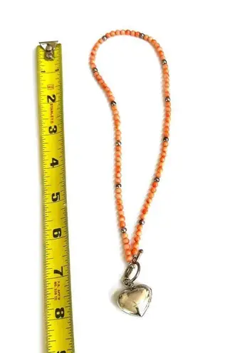 coral beaded sterling silver heart locket pendant necklace Orange