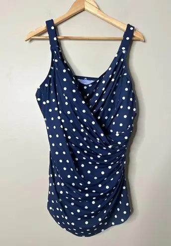 LANDS END Navy Blue Polka Dot V