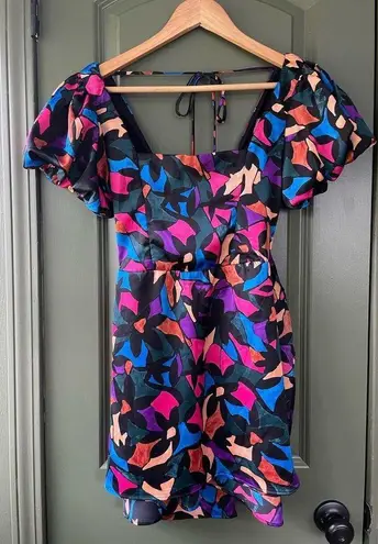 Show Me Your Mumu Floral Geometric Multicolored Puff Short Sleeve Dress Size XS