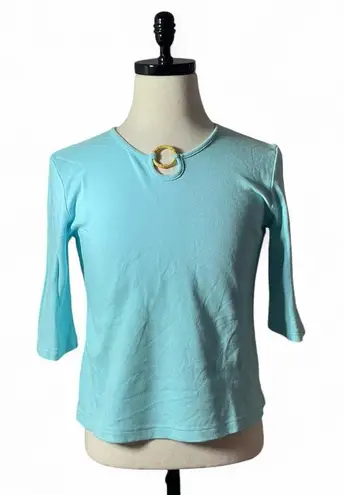 Serengeti Catalog Blue 3/4 Sleeve Top with Gold Ring Detail Women's Size M Size M