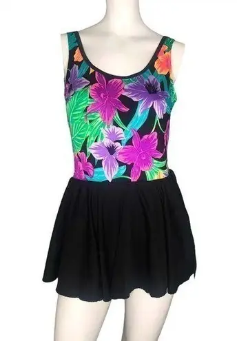 Vintage 60's 70's floral bathing suit skirt dress Black Size L