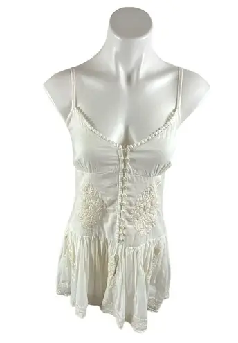 Raga Anthropologie Baby Doll Embroidered Cream Drop Waist Mini Dress