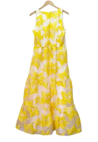 Boston Proper Yellow Floral Midi Dress Size 12 Metallic Jacquard Tiered V-Neck