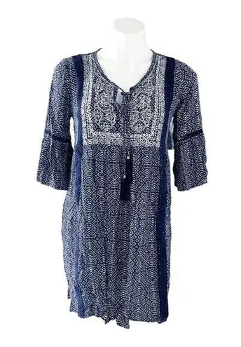 Artesia Boho Dress Casual Mini with Neck Ties Tassels Navy Cream Size S