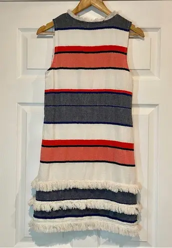 Chelsea & Theodore Woven Striped Fringe Trim Shift Dress 100% Cotton Size SP Blue