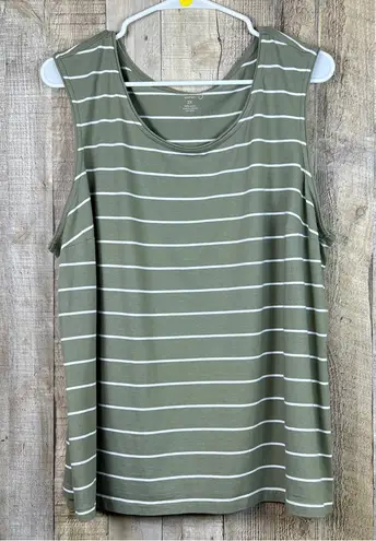 Coral Bay Woman 2X Striped Olive Green & White Crewneck Tank Top