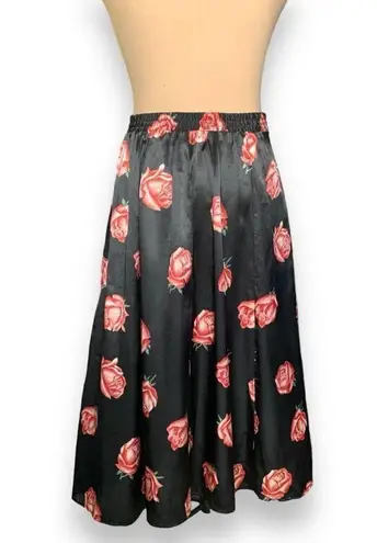 Notations Vintage Petite Skirt Black Red Rose Print Floral Button Front Cottage