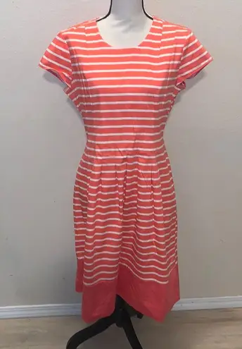 DE Collection Coral Striped Short Sleeve Pleated Midi Dress Modest