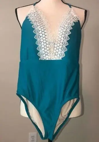 Sea Angel Size Small Swimsuit One Piece Green Teal Crochet Trim NEW Beach Boho