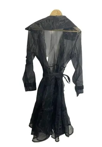 Akira  Sheer Black Tie Waist Trench Coat S Collared Fashion