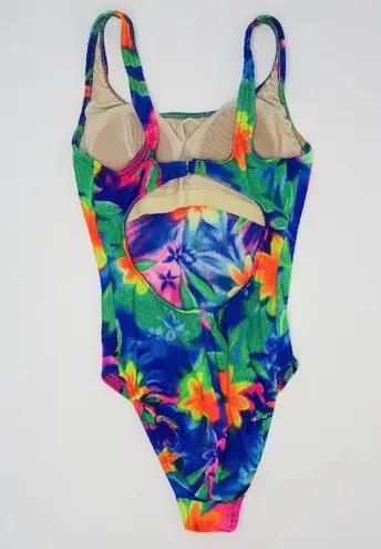 Kathy Ireland Vintage 80s Crinkle Neon Tie Dye One Piece Swimsuit