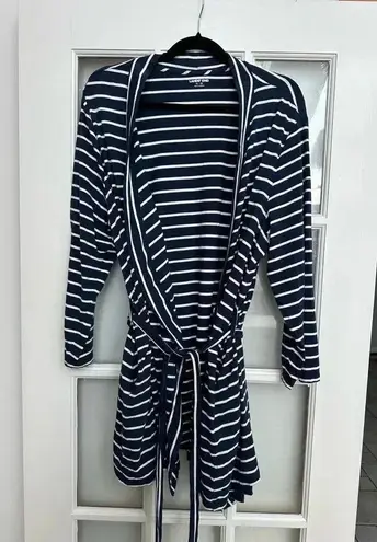 Lands’ End Cotton Above Knee Length Robe Deep Sea Navy Stripe Plus Size 1X