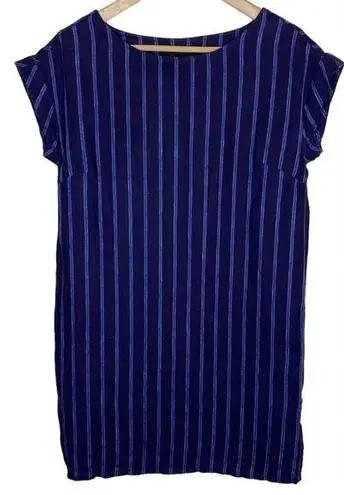 Tahari  Linen Striped Mini Dress Navy Blue Short Sleeve Shift Minidress, size XS